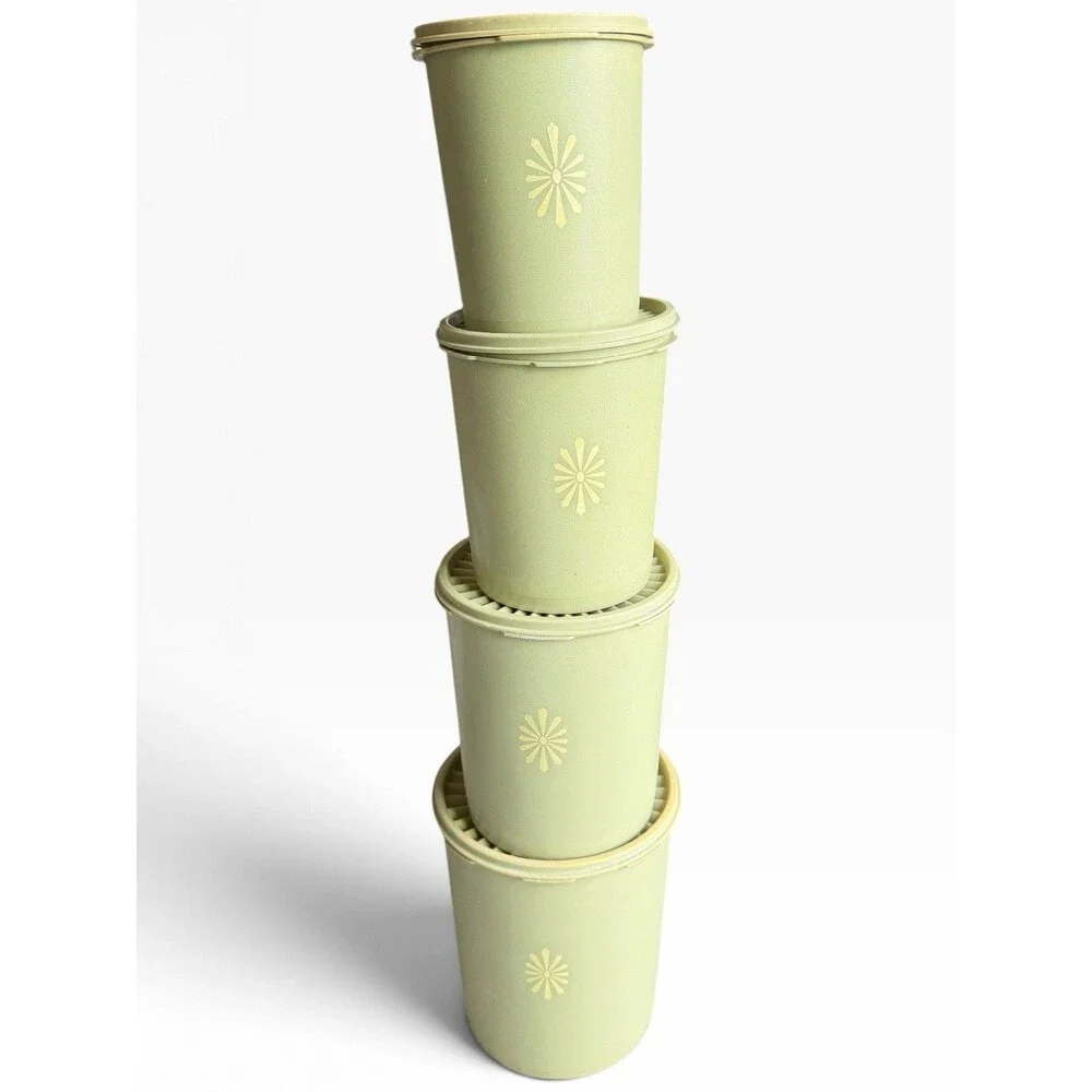 Vtg Tupperware Servalier Nesting Canister Set 1970s Retro Avocado Green Sunburst